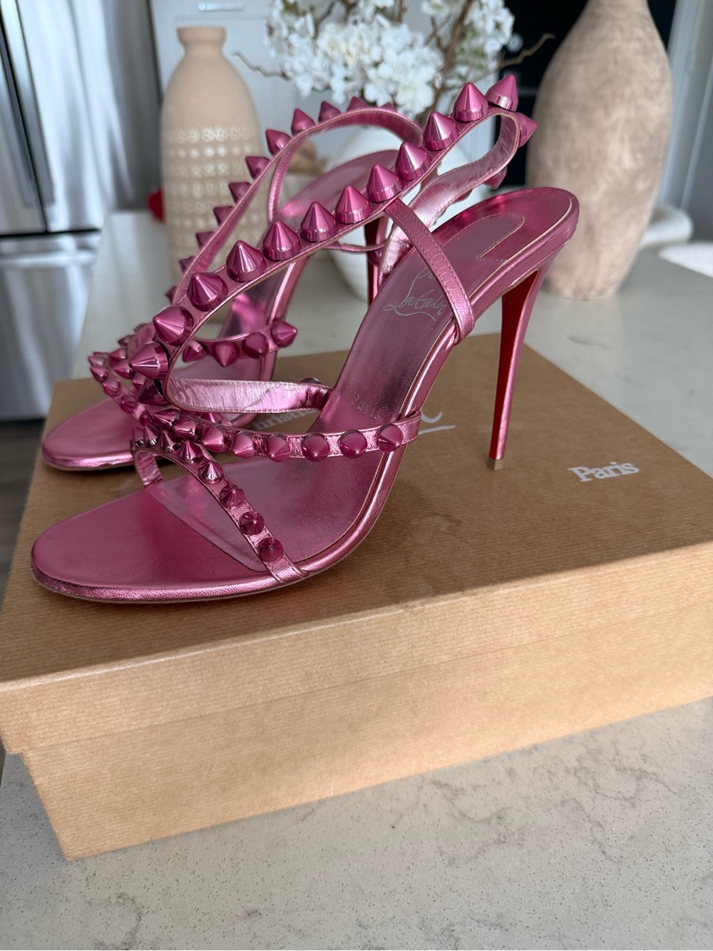 Christian Louboutin Spikita Metallic Pink Spike-Strap Stiletto Mules